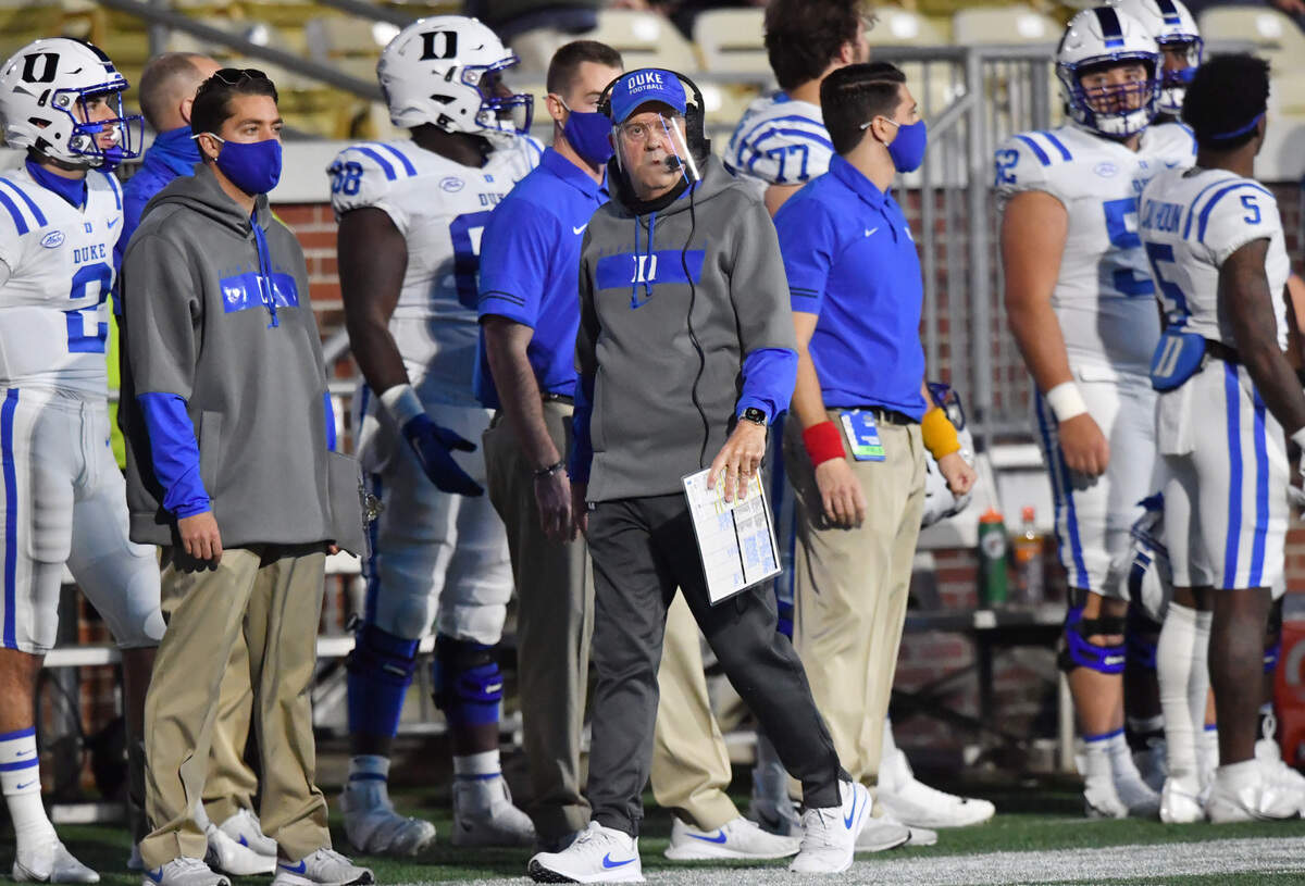 November 28, 2020 Atlanta - Duke’s head coach David Cutcliffe reacts during the first half of an NCAA college football game at Georgia Tech’s Bobby Dodd Stadium in Atlanta on Saturday, November 28, 2020.