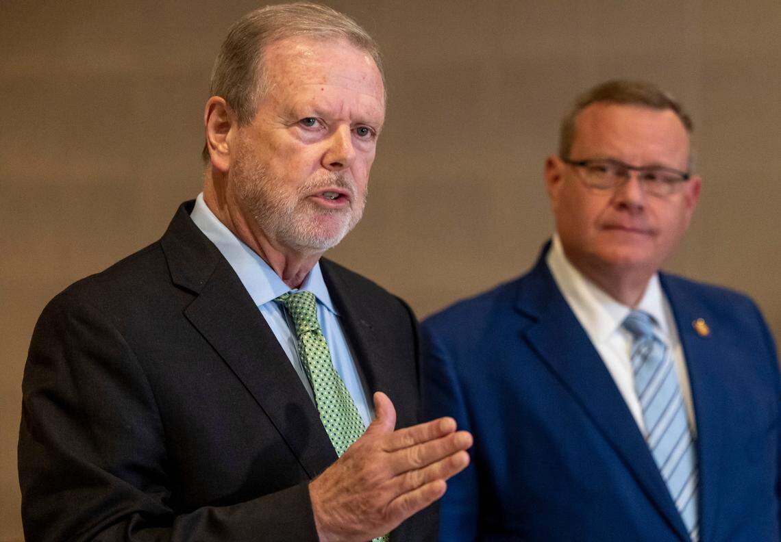 Senate President Pro Tempore Phil Berger, and House Speaker Tim Moore announce they have reached a deal on the state budget during a press briefing on Tuesday, September 19. 2023 in Raleigh, N.C. The compromised budget will not include casino legislation but will include Medicaid expansion.