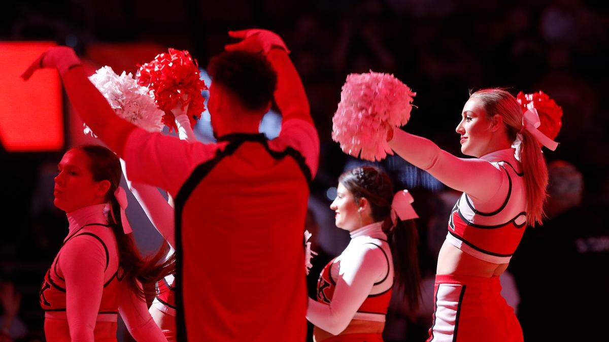 N.C. State cheerleaders lead the crowd during a timeout in the second half of the Wolfpack’s 83-76 win over Wake Forest at PNC Arena on Tuesday, Jan. 16, 2024, in Raleigh, N.C.