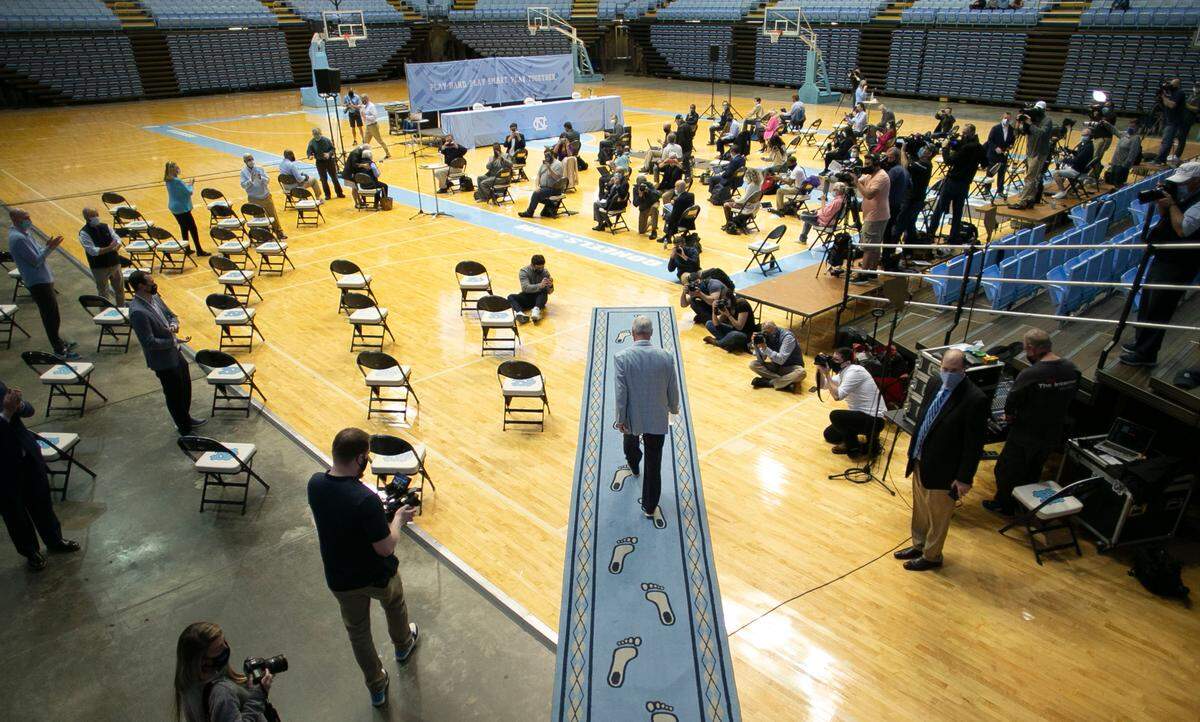 North Carolina coach Roy Williams arrives for his retirement announcement on Thursday, April 1, 2021 at the Smith Center in Chapel Hill, N.C.  Williams has coached for 33 seasons, the last 18 at North Carolina, winning the National Championship in 2005, 2009, and 2017.