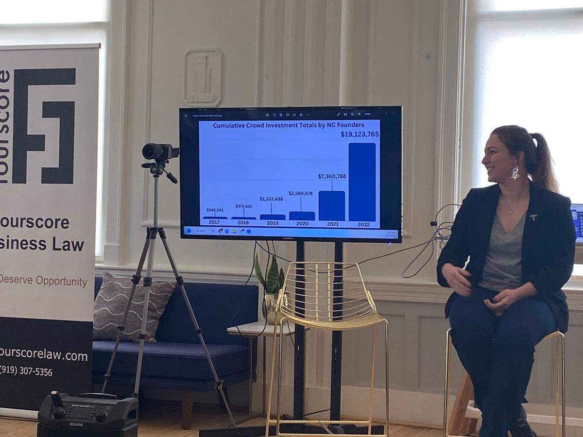 Brittany Barreto, founder and CEO of FemHealth Insights, gives crowdfunding tips to an audience in downtown Raleigh on Feb. 15.