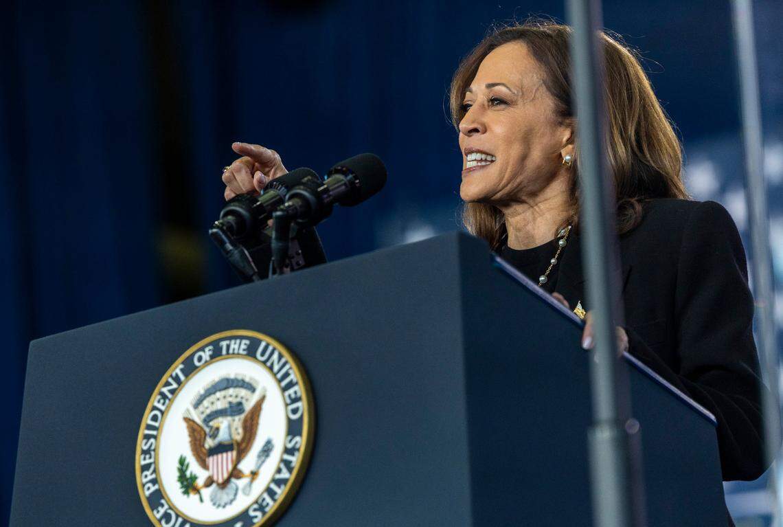 Vice President Kamala Harris speaks during a rally at Coastal Credit Union Music Park at Walnut Creek in Raleigh on Wednesday, Oct. 30, 2024.