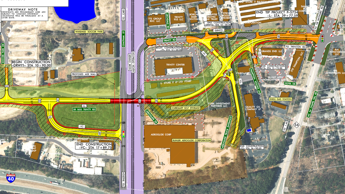 The N.C. Department of Transportation is proposing to close the Trinity Road railroad crossing in Cary and replace it with a bridge that carries Trinity over both the tracks and East Chatham Street. The WakeMed Soccer Park is on the left side of this diagram.