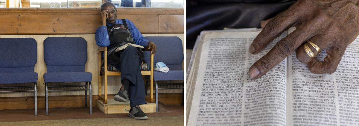 84-year-old Sylvester White reads the Bible between customers at White’s Barber Shop on Thursday, May 15, 2025, in Raleigh, N.C. White has operated this shop since 1967, he is also a pastor to a congregation in Castalia, N.C.