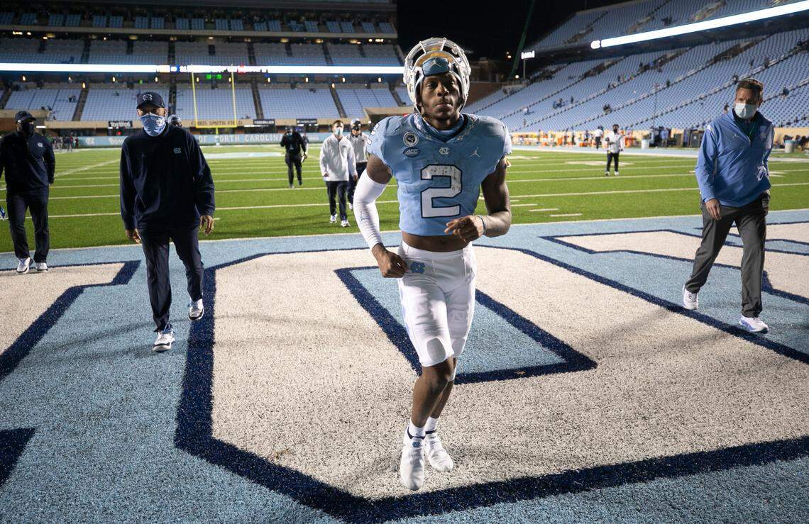North Carolina’s Dyami Brown (2) leaves the field following the Tar Heels’ 31-17 loss to Notre Dame on Friday, November 27, 2020 at Kenan Stadium in Chapel Hill, N.C. Brown had four receptions for 84 yards and no touchdowns.
