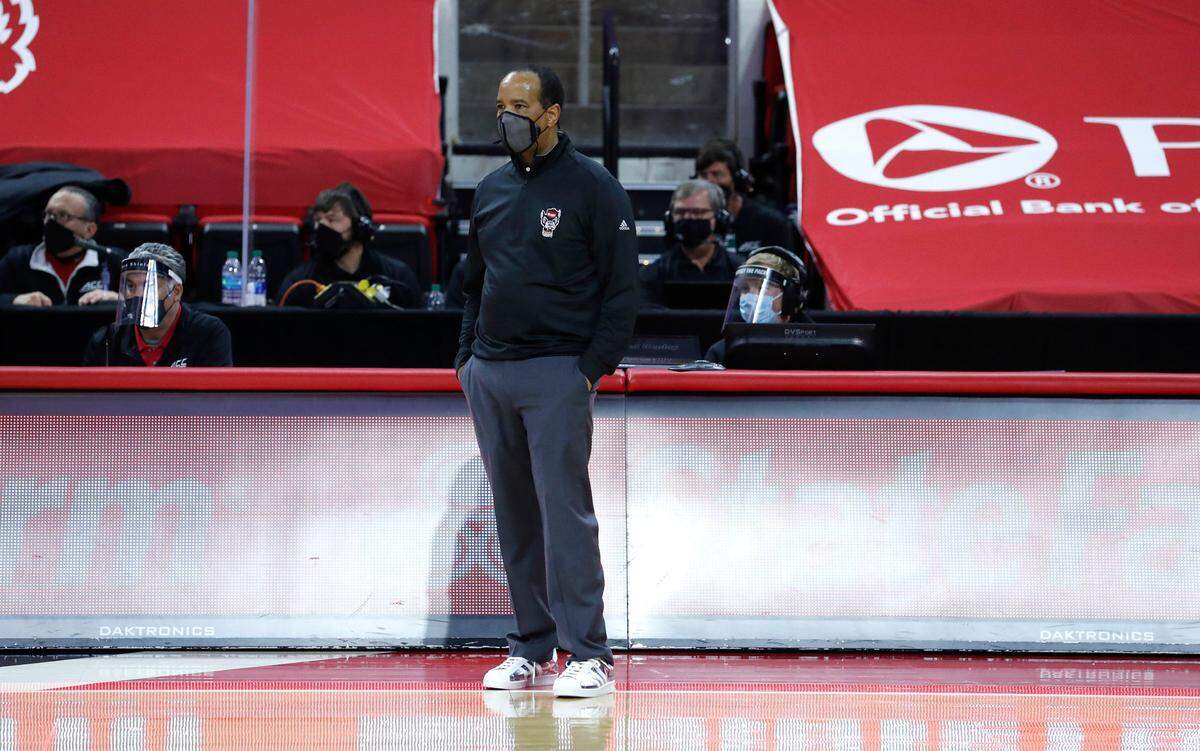 N.C. State head coach Kevin Keatts watches late in the second half of Duke’s 69-53 victory over N.C. State at PNC Arena in Raleigh, N.C., Saturday, February 13, 2021.