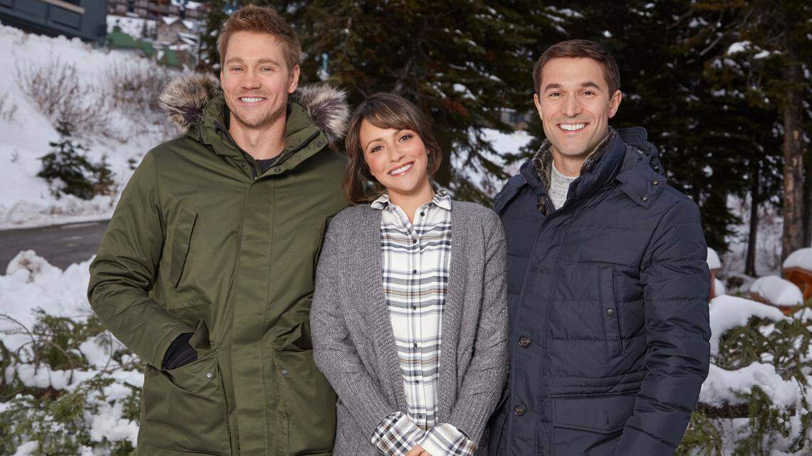 (L-R): Chad Michael Murray, Italia Ricci and Jack Turner in the Hallmark movie “Love in Winterland.”