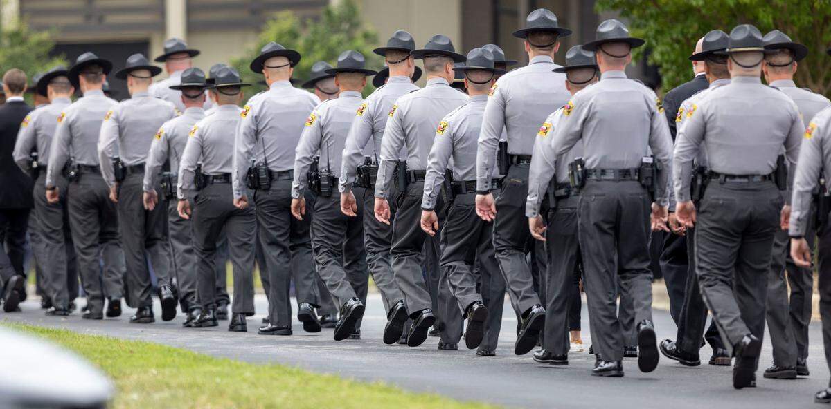 The North Carolina State Highway Patrol is its own agency effective July 1, 2025. In this file photo, officers are pictured marching in formation for Wake County Deputy Ned Byrd’s funeral on Friday, Aug. 19, 2022 in Raleigh, N.C.