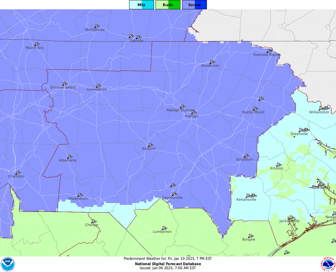 Forecasters say a winter storm system on its way across the country could produce snowfall across much of North Carolina Friday night or early Saturday, Jan. 10-11, before switching over to rain.
