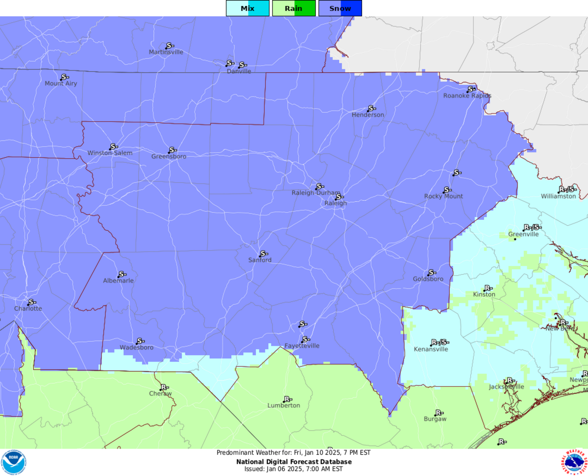Forecasters say a winter storm system on its way across the country could produce snowfall across much of North Carolina Friday night or early Saturday, Jan. 10-11, before switching over to rain.
