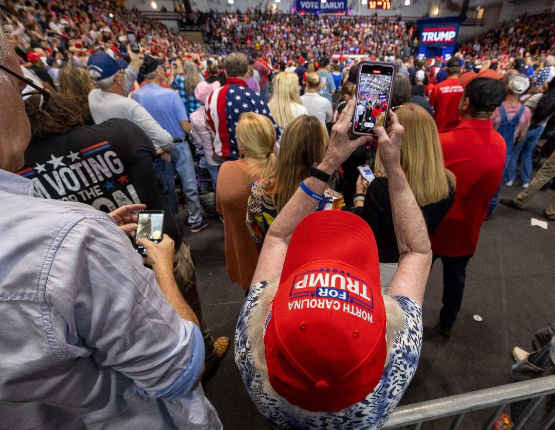 Supporters of Republican presidential nominee, former President Donald Trump, await his arrival on Wednesday, October 30, 2024 at the Rocky Mount Event Center in Rocky Mount, N.C.