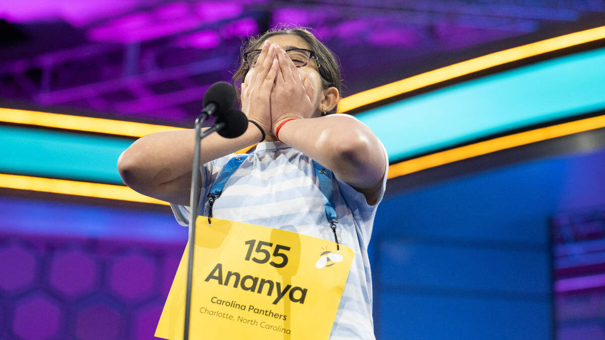 Ananya Rao Prassanna reacts with joy after successfully spelling a word in the Semifinals of the 2024 Scripps National Spelling Bee on May 29, 2024. Prassanna, a student at Davis Drive Middle School in Cary. N.C., is one of eight spellers to qualify for the finals.