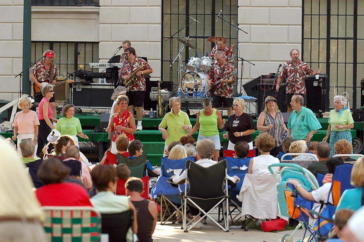 The Band Of Oz performs as line dancers entertain the crowd at the Old Courthouse in Concord in July 2004.