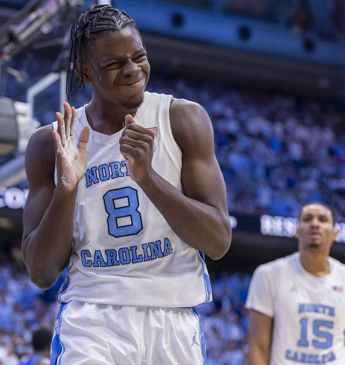 North Carolina forward Caleb Wilson (8) reacts drawing a foul and missing the basket in the second half against Kansas on Friday, November 7, 2025 at the Smith Center in Chapel Hill, N.C.