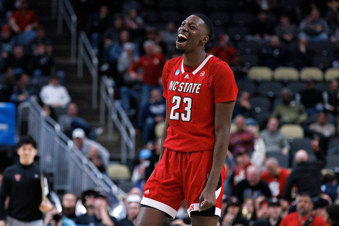 N.C. State’s Mohamed Diarra reacts after dunking the ball during the second half of the Wolfpack’s 80-67 win over Texas Tech in first round of the NCAA Tournament on Thursday, March 21, 2024, at PPG Paints Arena in Pittsburgh, Pa.