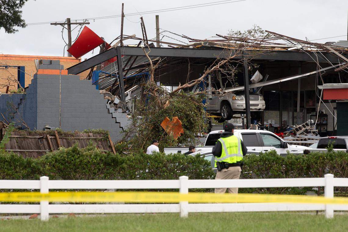 Building damage is visible in a shopping center near North Wesleyan Boulevard and Benvenue Road following a tornado in Rocky Mount, N.C. on Friday, Sept. 27, 2024.