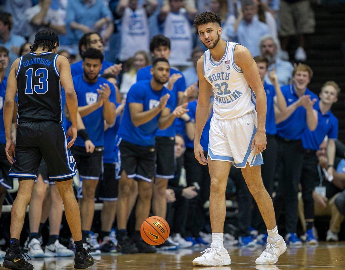 North Carolina’s Pete Nance (32) reacts after being called for a foul in the first half against Duke on Saturday, March 4, 2023 at the Smith Center in Chapel Hill, N.C.