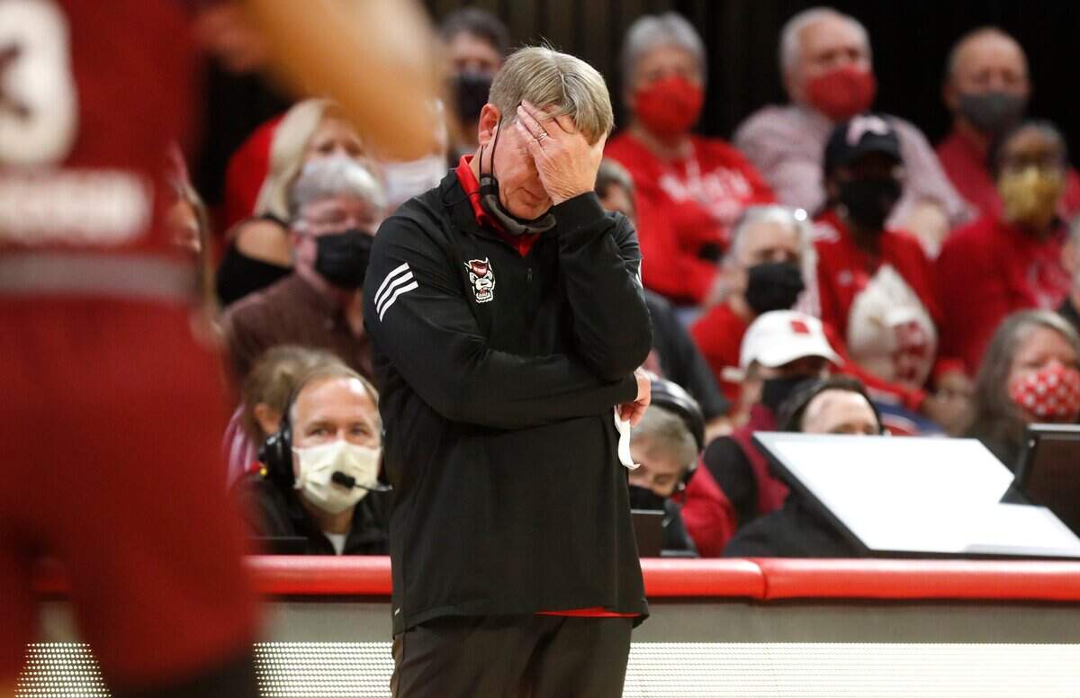 N.C. State head coach Wes Moore reacts after the Wolfpack was called for a foul during the second half of South Carolinas 66-57 victory over N.C. State at Reynolds Coliseum in Raleigh, N.C., Tuesday, November 9, 2021.