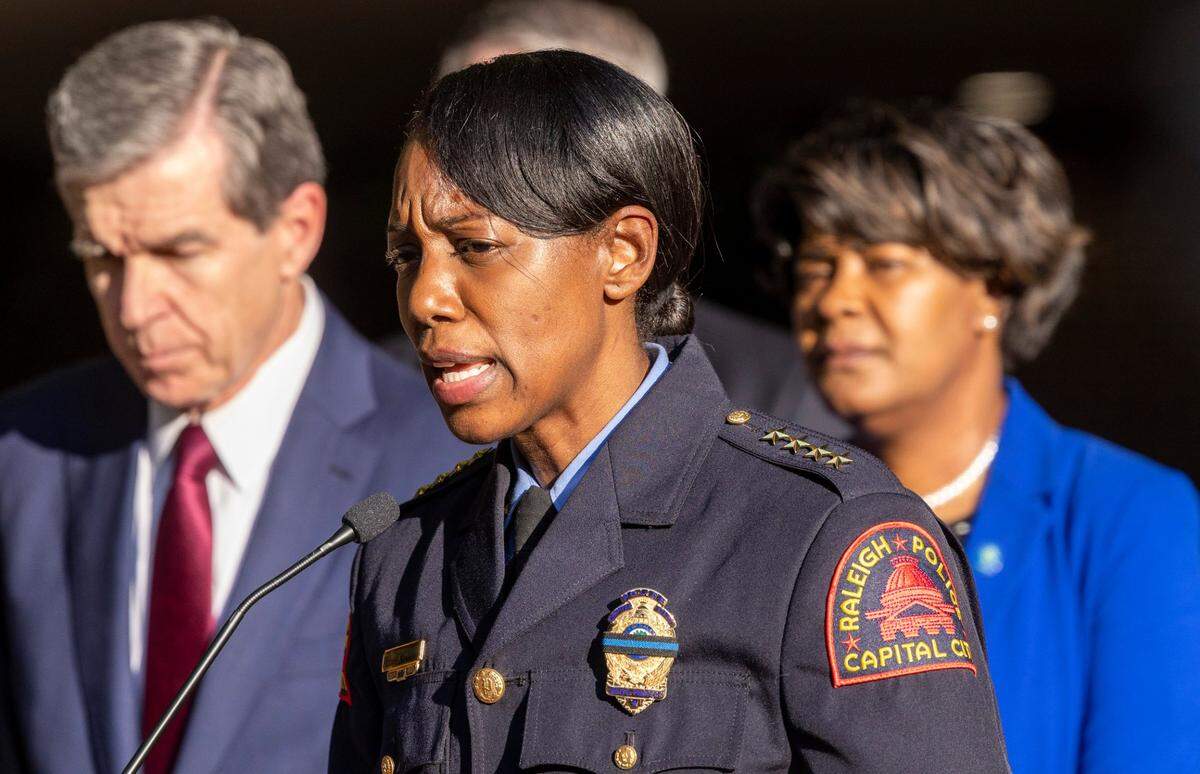 Raleigh Chief of Police Estella Patterson speaks during a press conference Friday, Oct. 14, 2022 outside the Avery C. Upchurch Municipal Complex in Raleigh following a mass shooting that left 5 people dead Thursday in Raleigh’s Hedingham neighborhood.