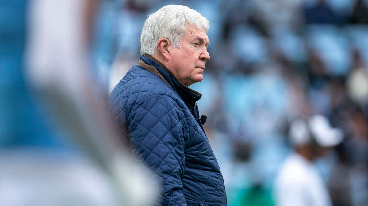 North Carolina coach Mack Brown watches his players warm up for their spring football game on Saturday, April 9, 2022 at Kenan Stadium in Chapel Hill, N.C.