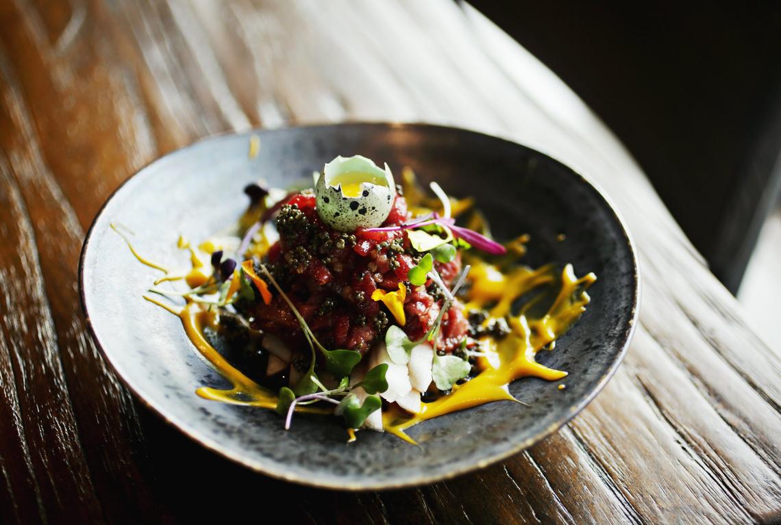 Seoul 116 serves an Asian-accented beef tartare featuring ruby ribbons of lean beef glistening in a glaze of soy and sesame, and garnished with a raw quail egg in its shell. It tastes as good as it looks, the beef surprisingly tender given the coarseness of the grind.