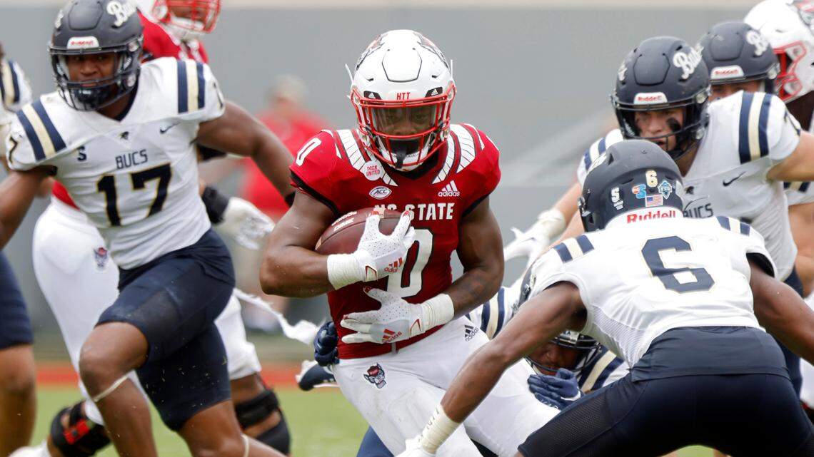 N.C. State running back Demie Sumo-Karngbaye runs the ball during the first half of the Wolfpackís game against Charleston Southern on Saturday, Sept. 10, 2022, at Carter-Finley Stadium in Raleigh, N.C.
