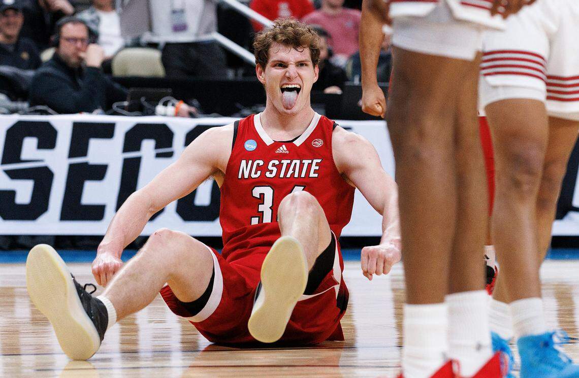 N.C. State’s Ben Middlebrooks reacts after drawing a foul during the first half of the Wolfpack’s 80-67 win over Texas Tech in first round of the NCAA Tournament on Thursday, March 21, 2024, at PPG Paints Arena in Pittsburgh, Pa