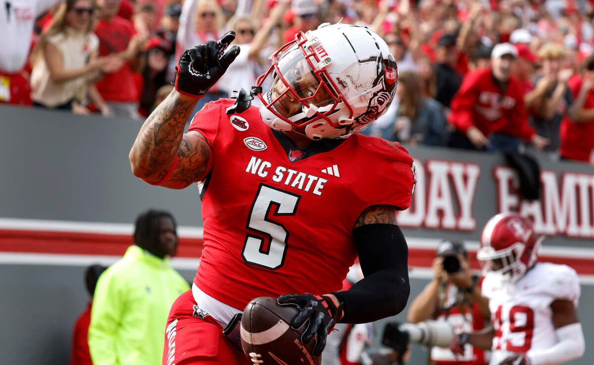 N.C. State’s DK Kaufman (5) reacts after being pushed out of bounds just shy of the goal line during a 91-yard kickoff return during the second half of N.C. State’s 59-28 victory over Stanford at Carter-Finley Stadium in Raleigh, N.C., Saturday, Nov. 2, 2024.