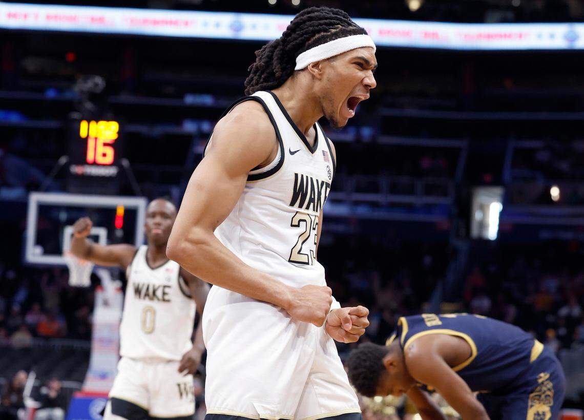Wake Forest’s Hunter Sallis (23) celebrates after making the basket while being fouled during the first half of Wake Forest’s game against Notre Dame in the second round of the 2024 ACC Men’s Basketball Tournament at Capital One Arena in Washington, D.C., Wednesday, March 13, 2024.