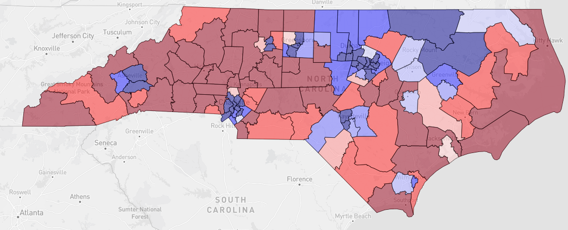 A map showing the hypothetical partisan lean of the 120 NC House of Representatives seats in a map proposed by the NCLCV in the 2022 gerrymandering lawsuit, based on data from the website Dave’s Redistricting App.