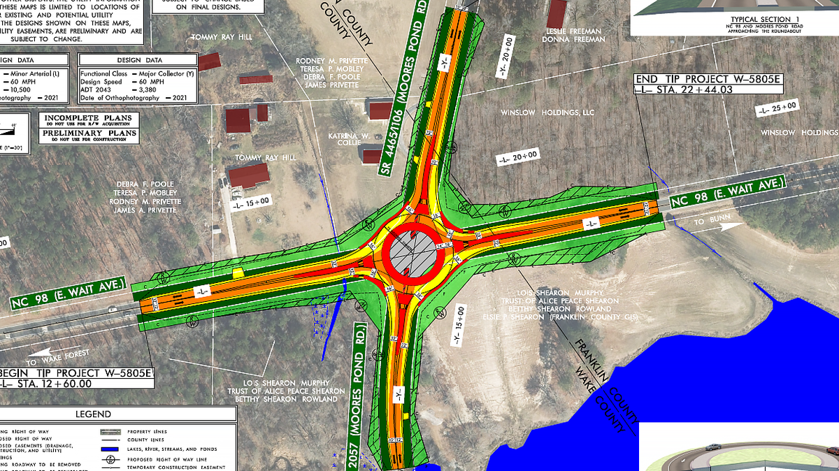 The N.C. Department of Transportation’s plan to build a roundabout at the intersection of N.C. 98 and Moores Pond Road, east of Wake Forest.