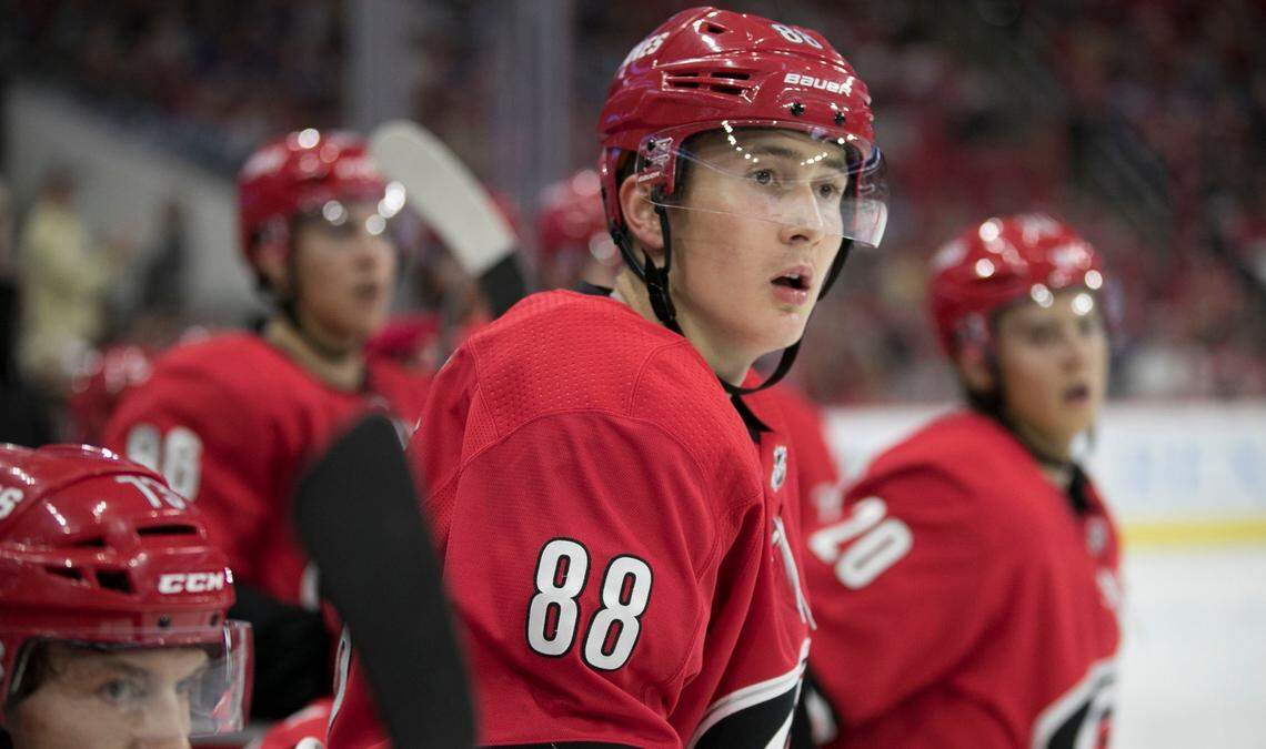Carolina Hurricanes’ rookie Martin Necas (88) takes a breather with on the bench during the third period against the New York Islanders on Thursday, October 4, 2018 at PNC Arena in Raleigh, N.C.