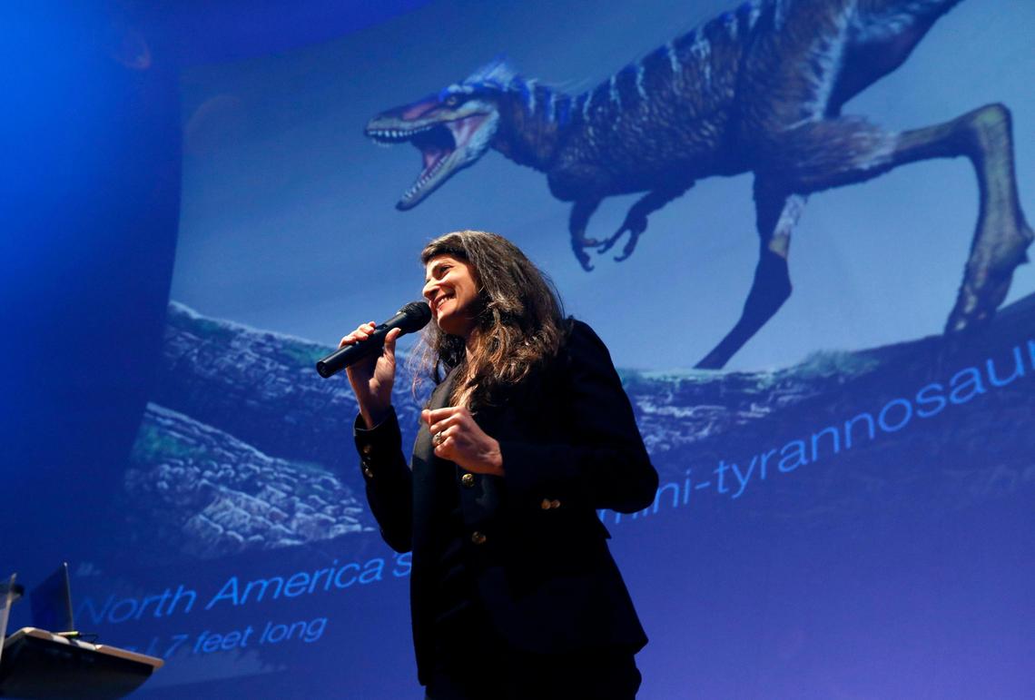 Lindsay Zanno, head of paleontology at the North Carolina Museum of Natural Sciences, talks about a new dinosaur â€” Moros intrepidus, she and her team discovered, during a presentation at the North Carolina Museum of Natural Sciences in Raleigh, N.C., Thursday, Feb. 21, 2019.
