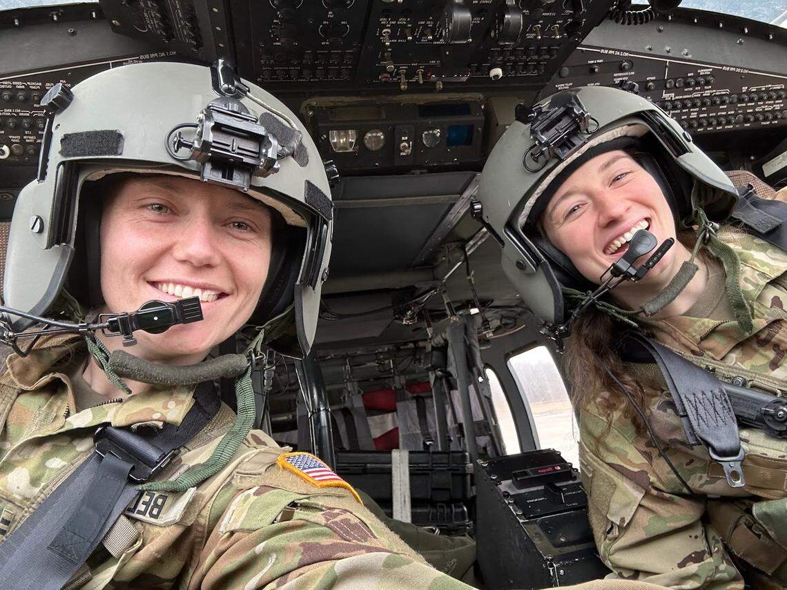 Capt. Rebecca Lobach (right) and Chief Warrant Officer 2 Sabrina Bell (left) in the cockpit of a UH-60 Black Hawk helicopter, Feb. 28, 2024. Lobach was killed Jan. 29, 2025, when the Black Hawk she was in collided with an American Airlines flight in Washington, DC.