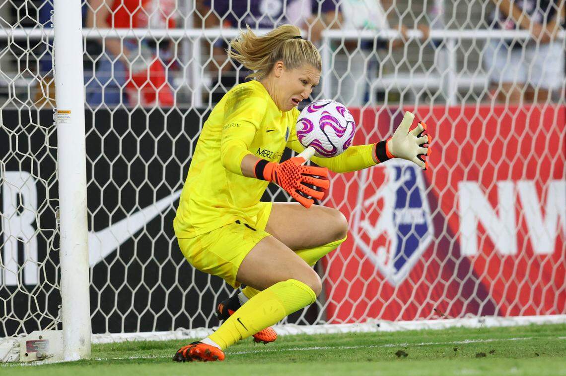 North Carolina Courage goalkeeper Casey Murphy (1) blocks a shot on goal by Racing Louisville FC during the second half at Lynn Family Stadium.