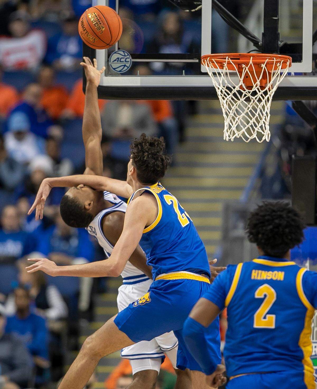 Pittsburgh’s Guillermo Diaz Graham (25) fouls Duke’s Jaylen Blakes (2) in the second half in the third round of the ACC Tournament on Thursday, March 9, 2023 at the Greensboro Coliseum in Greensboro, N.C.