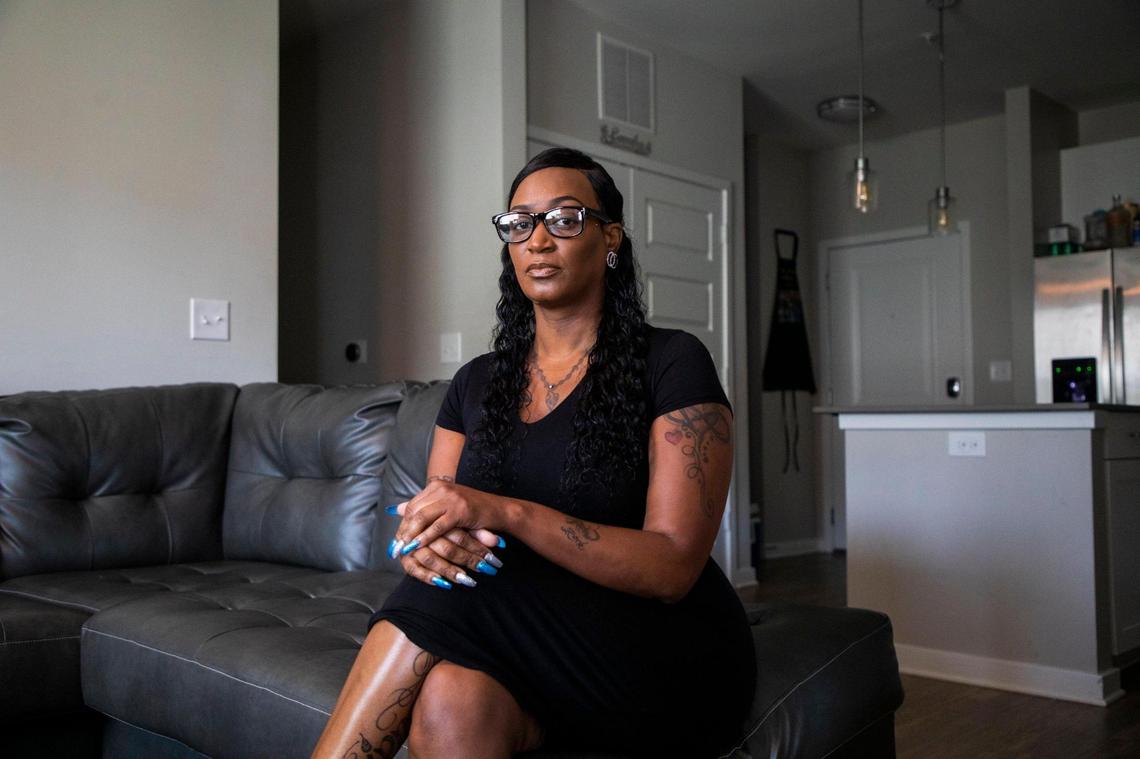 Kenita Stubbs sits for a portrait after an interview about grieving the death of her 15-year-old son Michael Harris who was fatally shot early Sunday morning, Aug. 23, 2020, in Durham, N.C., on Thursday, Sep. 3, 2020, in Morrisville, N.C.