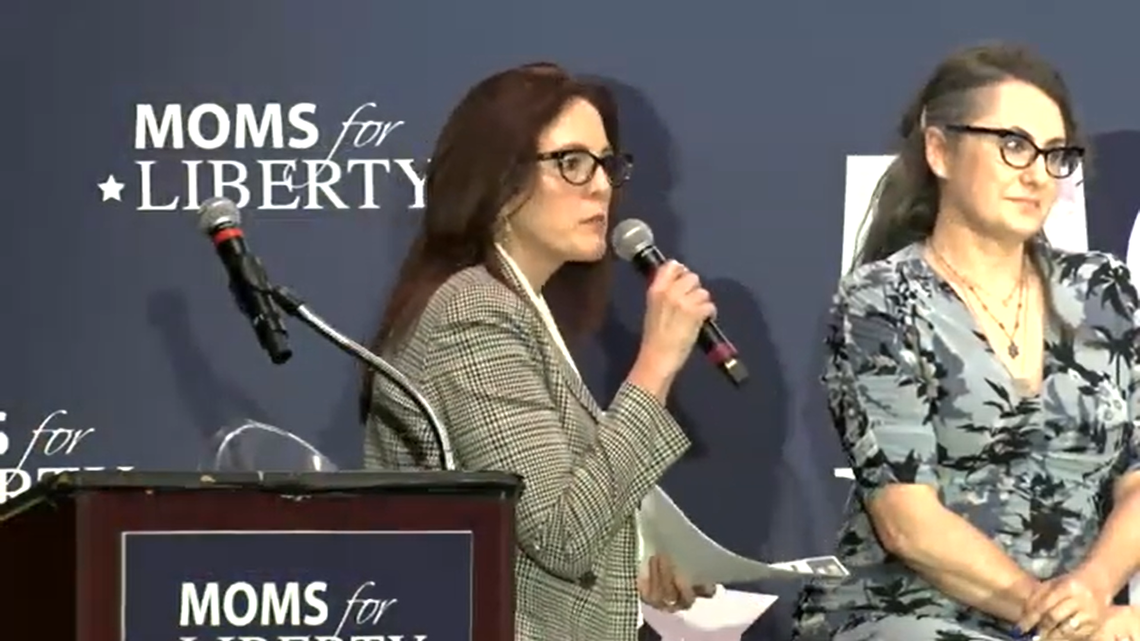 Tiffany Justice, co-founder of Moms For Liberty, talks at the group’s Town Hall in Raleigh, N.C., on April 17, 2024. Next to her is Brooke Weiss, chair of the Mecklenburg County chapter of Moms For Liberty.