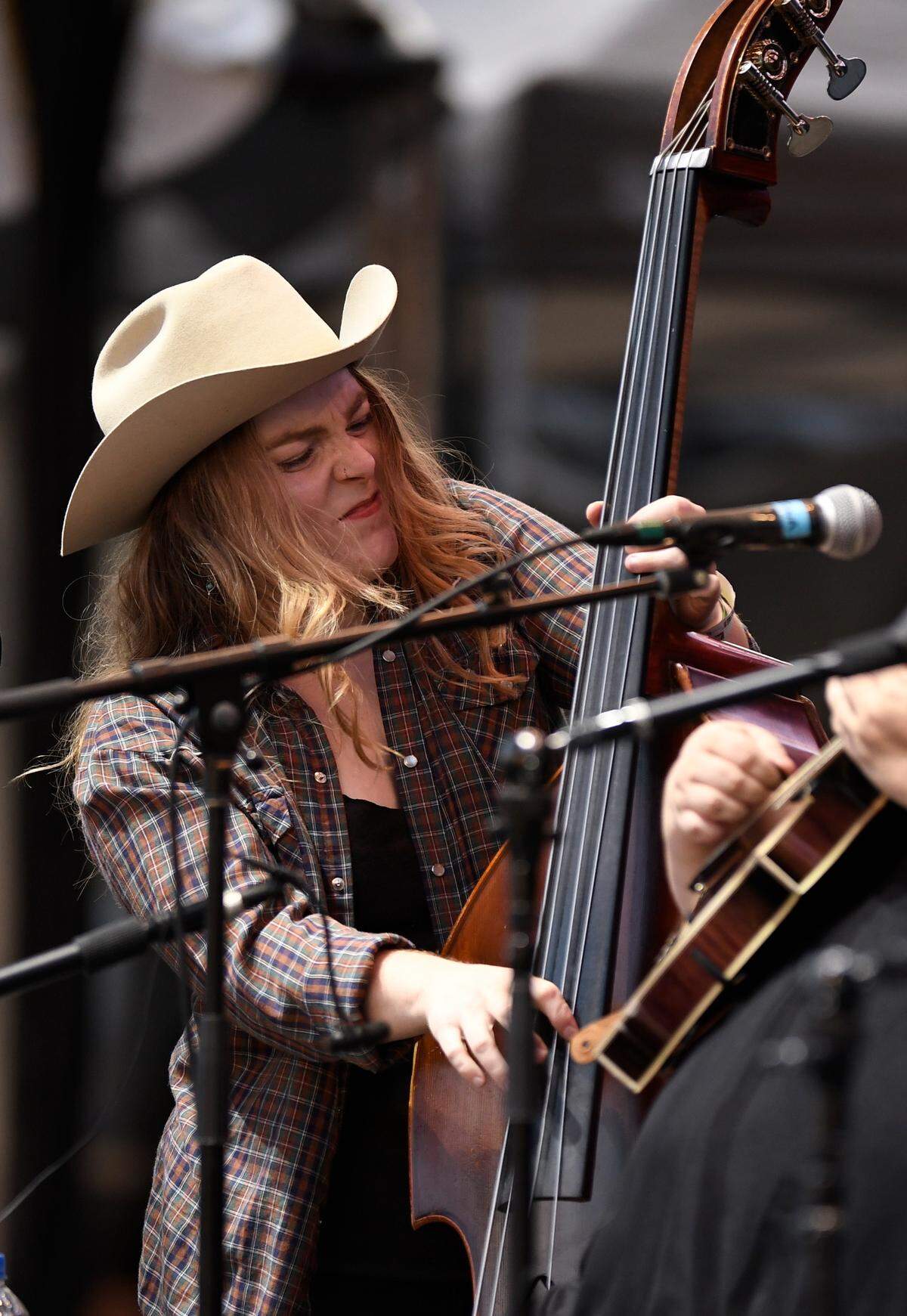 Hasee Ciaccio on bass peforms with Sister Sadie at IBMA Bluegrass Live! at Raleigh, N.C.’s Red Hat Amphitheater, Friday night, Oct. 1, 2021.