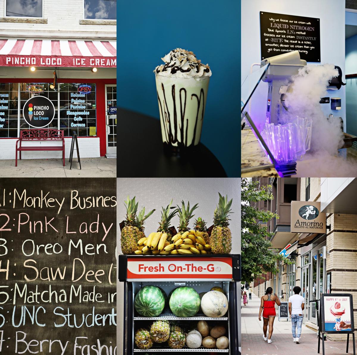 Top row from left, Pincho Loco in Durham, a boozy milkshake from Pints in Fuquay-Varina and the liquid nitrogen machine ar Blue Spoon Microcreamery in Chapel Hill. Bottom row from left, the chalk menu at Ice & Lab in Chapel Hill, fresh fruits in the cooler at Vida Dulce in Cary and Amorino in downtown Raleigh.