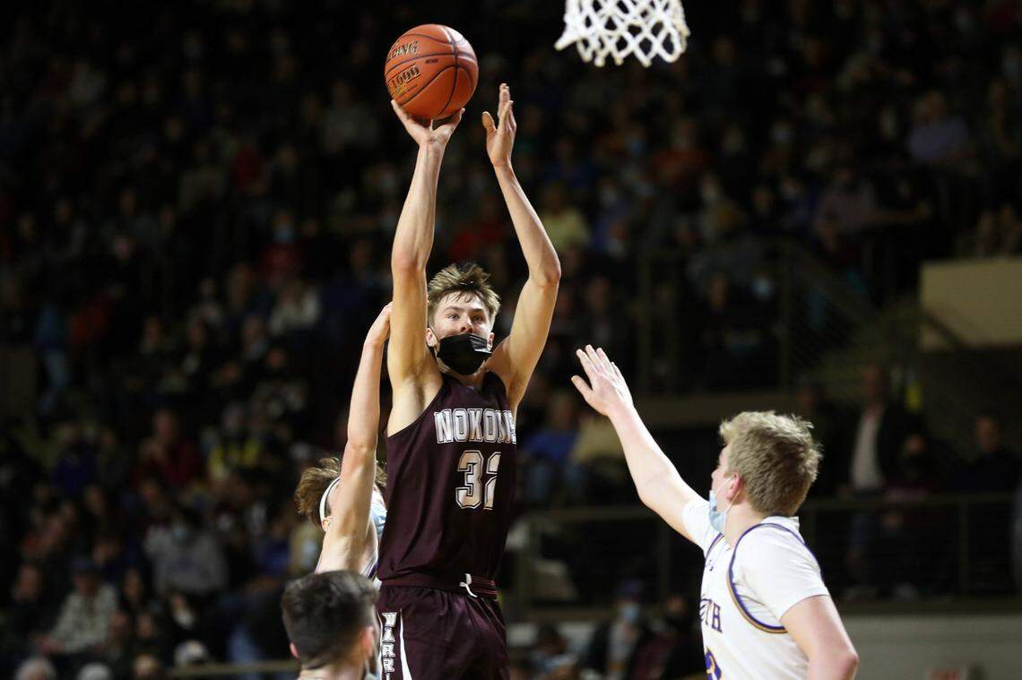 Nokomis’ Cooper Flagg takes a jump shot against Falmouth during the Class A state championship. (Staff photo by Ben McCanna/Press Herald Photographer)