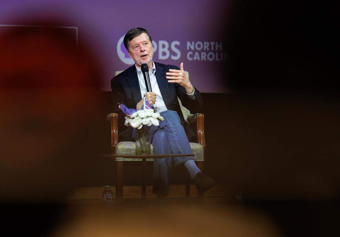 Filmmaker Ken Burns speaks with students during a panel discussion at the N.C. Department of Natural and Cultural Resources on Thursday, May 15, 2025, in Raleigh, N.C.