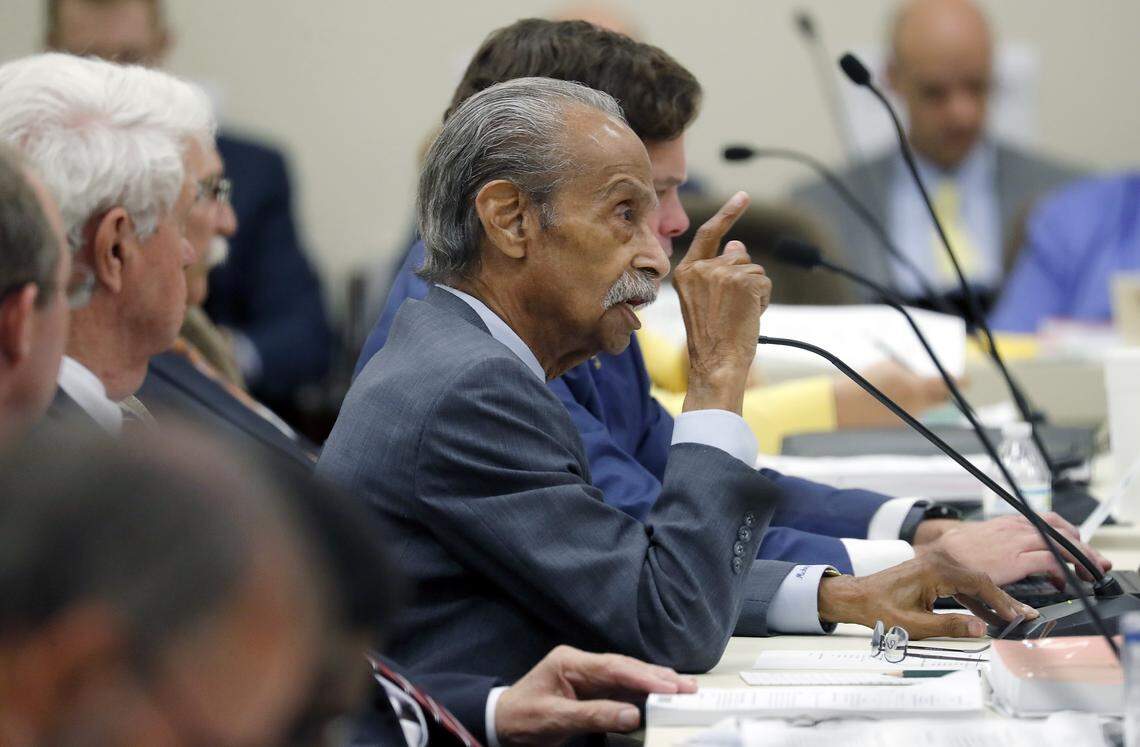Rep. Mickey Micheaux (Democrat) poses a question about the Durham-Orange light rail funding structure during the General Assembly joint appropriations committee meeting at the Legislative Office Building in Raleigh on May 29, 2018.  