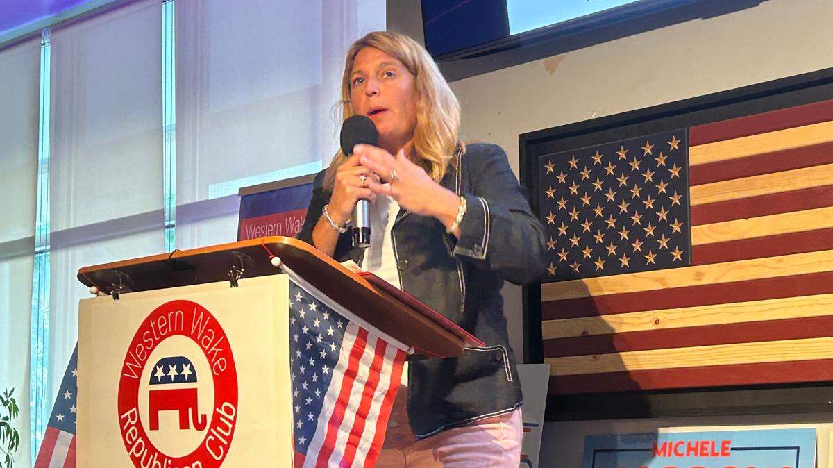 Michele Morrow, the Republican nominee for North Carolina superintendent of public instruction, talks at the Western Wake Republican Club meeting on Aug. 26, 2024 in Cary. N.C.