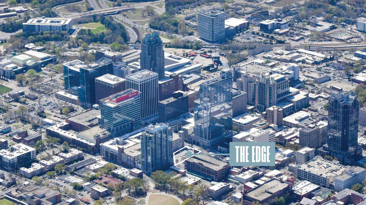 An aerial photo of The Edge, an undeveloped .68-acre lot zoned for high-density in Raleigh’s downtown.