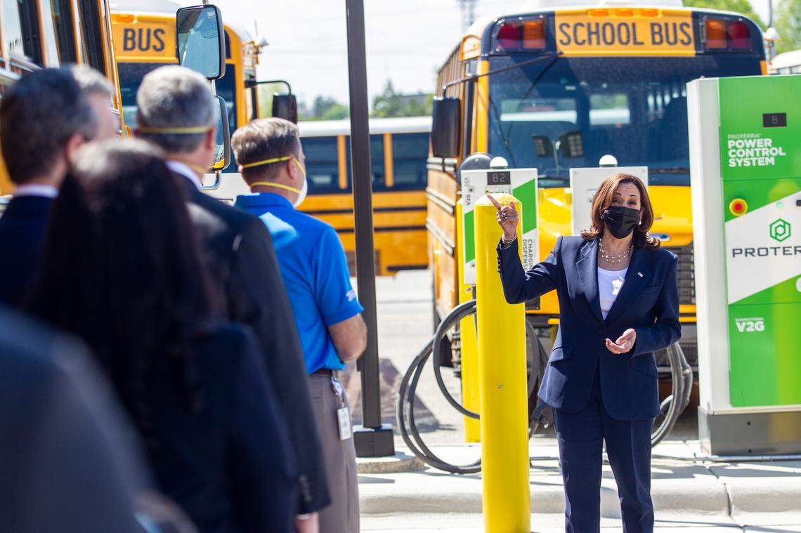 Vice President Kamala Harris tours a Thomas Built Buses factory in High Point, NC, on Monday, April 19, 2021 while touting the Biden administration’s infrastructure plan.
