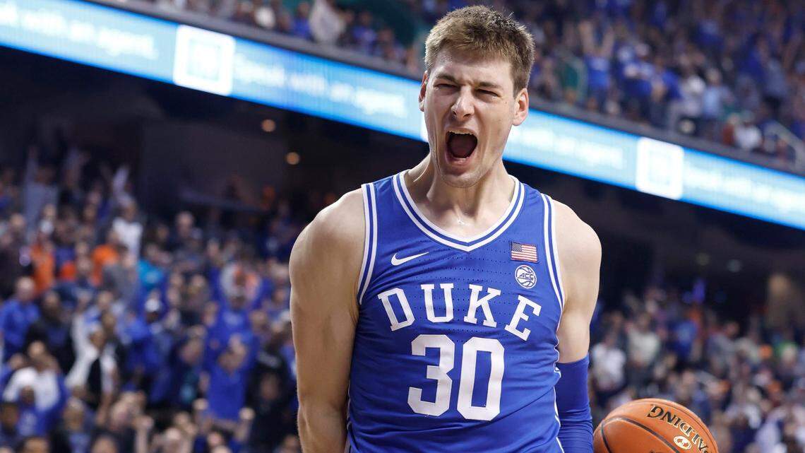 Duke’s Kyle Filipowski (30) celebrates slamming in two during the second half of Duke’s game against Virginia in the finals of the ACC Men’s Basketball Tournament in Greensboro, N.C., Saturday, March 11, 2023.