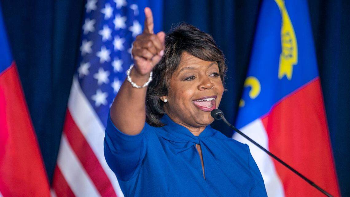 Democratic U.S. Senate candidate Cheri Beasley thanks her supporters following her primary victory acceptance speech on Tuesday, May 17, 2022 in Raleigh, N.C.
