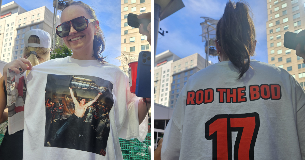 Carleigh Hiscock wore a custom shirt with a shirtless photo of Coach Rod Brind’Amour holding up the Stanley Cup trophy to the Stanley Cup parade in Raleigh Saturday. “He’s known as Rod the Bod. He looks like he’s 26 in this picture. He’s iconic, simply iconic.”