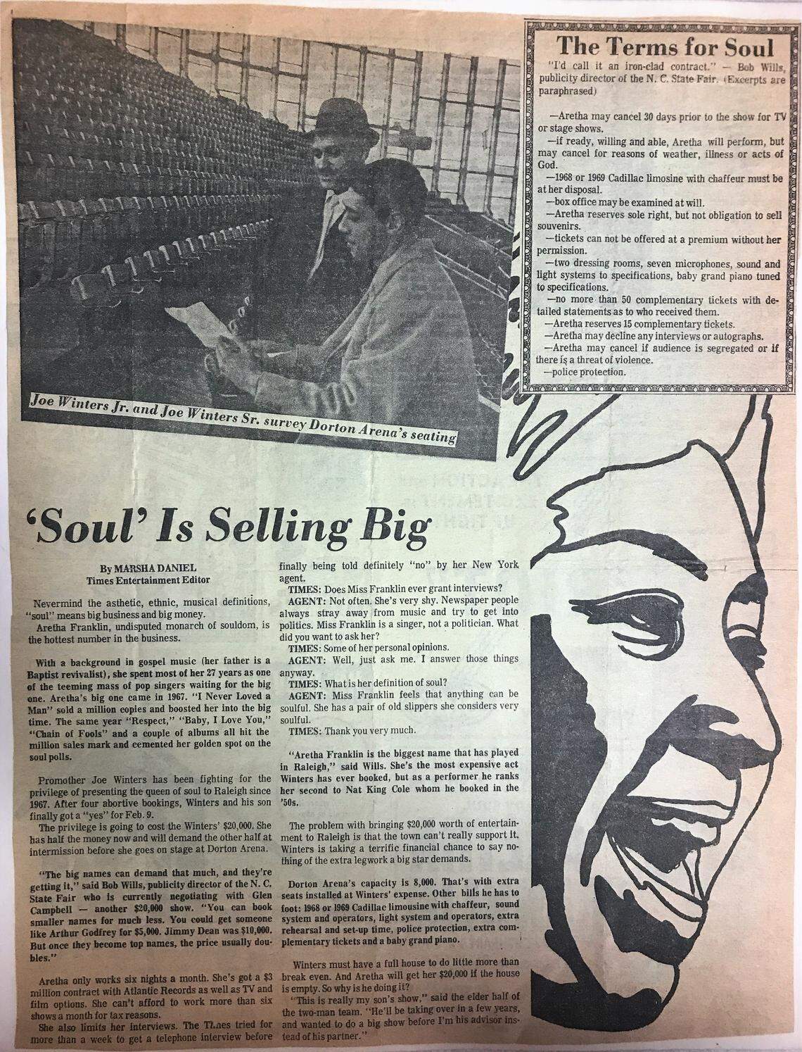 A Raleigh Times newspaper article previewed Aretha Franklin’s concert at Dorton Arena. Pictured are Joe Winters, left, and his son Joe Winters Jr. The concert likely happened in 1969, but the exact date is unknown.